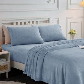 Softan Micro Fleece Bed Sheet Set, Full 4-Piece Polar Fleece Sheet Set Double Includes Flat Sheet, Pillowcases and 15" Deep Pocket Fitted Sheet, Velvet Plush Bedding Set, Warm and Soft, Baby Blue
