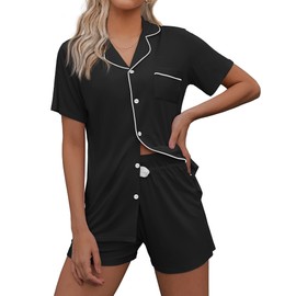 Ekouaer Womens Pajamas Set Classic Button Down Short Sleeve Sleepwear Nightwear Soft Pj Lounge Set,Black,X-Large