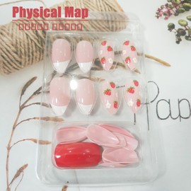 Strawberry Press on Nails Medium French Tips Fake Nails with Glossy Red Stick on Nail Fruit False Nails Flower Almond Acrylic Nail Full Cover Artificial Fingernail Glue on Nails for Women