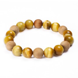 Kamakura_ya] UKS-002-GY Yakusugi Cedar Tiger Eye Natural Wood & Gemstones Bracelet Power Stone Money Work Good Luck Yakushima Fine Wood Handcrafted 12mm Beads Bangle Birthstone October Golden Yellow