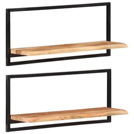 vidaXL Wall Shelves Set of 2-31.5"x9.8"x13.8" - Solid Acacia Wood and Steel - Rustic Industrial/Farmhouse Style - Varying Wood Grains and Colors - Assembly Required