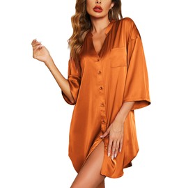 Ekouaer Satin Sleep Shirt Women's Silk Nightgowns & Sleepshirts Button Front Sleepwear Orange