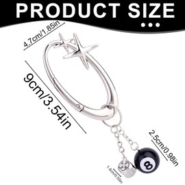 Star Carabiner 8 Ball Keychain, Cool Y2K Key Ring Aesthetic Extra-Large Alloy Shiny Chrome Carabiner Clip Silver Cute Accessories for Car Keys Bag Charms Backpack Purse