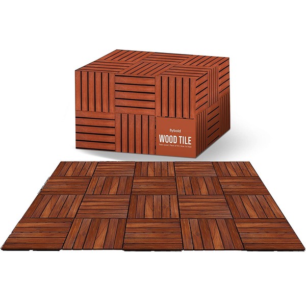 Flybold Interlocking Deck andFlooring Tiles - Teak Wood Outdoor Flooring - 12" x 12" Weather Resistant, UV Protected and Anti-Slip Patio Pavers for Backyard, Balcony, and Pool Area - Pack of 10