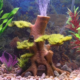 PTFJZ Aquarium Decorations - Fish Tank Decorations with Bubbler Simulation Tree Decor Hidden Cave Accessories Adornment (with Air Stone)