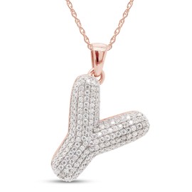 SAVEARTH DIAMONDS Round Cut Lab Created Moissanite Diamond Initial Bubble Letter Y Pendant Necklace In 14k Rose Gold Plated 925 Sterling Silver With 18" Chain (VVS1 Clarity, 1.00 Cttw)