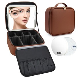 SLUMAZI Travel Makeup Bag with LED Mirror and 10x magnifying glass with 3 Lighted Settings, Adjustable Dividers and Makeup Brush Storage Bag Dark Brown