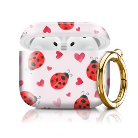 Cute Case Cover Compatible with AirPod 4th Generation 2024, Shockproof for Women & Girls with Cute Golden Round Buckle – Protective, Anti-Drop Design(Ladybugs and Hearts)