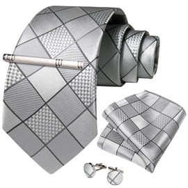 DiBanGu Silk Necktie, Wedding, Pocket Square, Tie Clip, Cufflinks Set, Gift Box Included, silver plaid