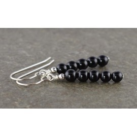 Small Black Onyx Gemstone & Sterling Silver Hook Drop Earrings with Gift Box