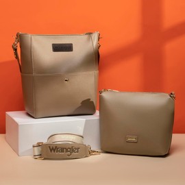 Wrangler Bucket Handbags for Women Crossbody Shoulder Purse with Guitar Strap and Hobo Bag Organizer Insert Tote Oversized Khaki WG67-918KH