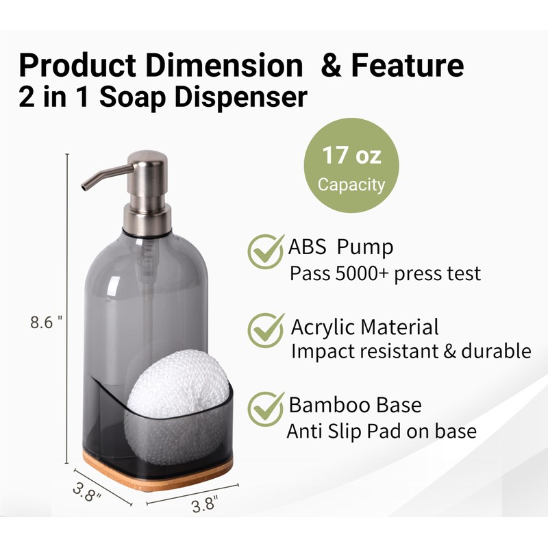 Clasin Home Kitchen Soap Dispenser with Sponge Holder, Refillable Acrylic