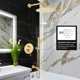 Airuida Round Shower System Set with Tub Spout,Wall Mount 3 Function Rain Shower Faucet Set,2 Functions Handheld Shower Tub Spout Tub Shower Combo Set Fixtures 12 Inches Shower Head Brushed Gold