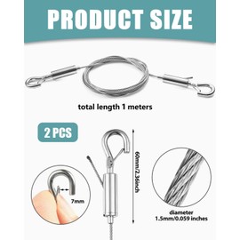 BNREOZA Pack of 2 Wire Rope Adjustable Steel Rope Hanger, 1.5 mm Stainless Steel Rope with Loop and Hook Rope Hanger, Stainless Steel Picture Lanyard, Curtain Hanger (Length 1 Metre)