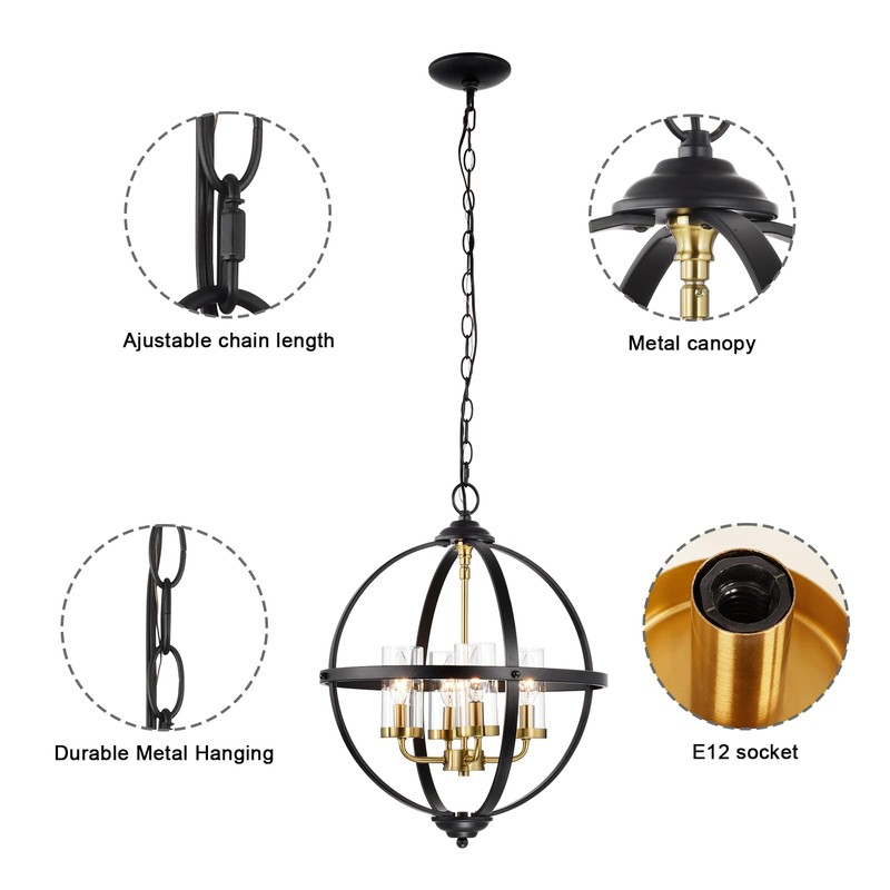 Treekee Rustic Chandelier, 17" Black and Gold Finish Glass Cover