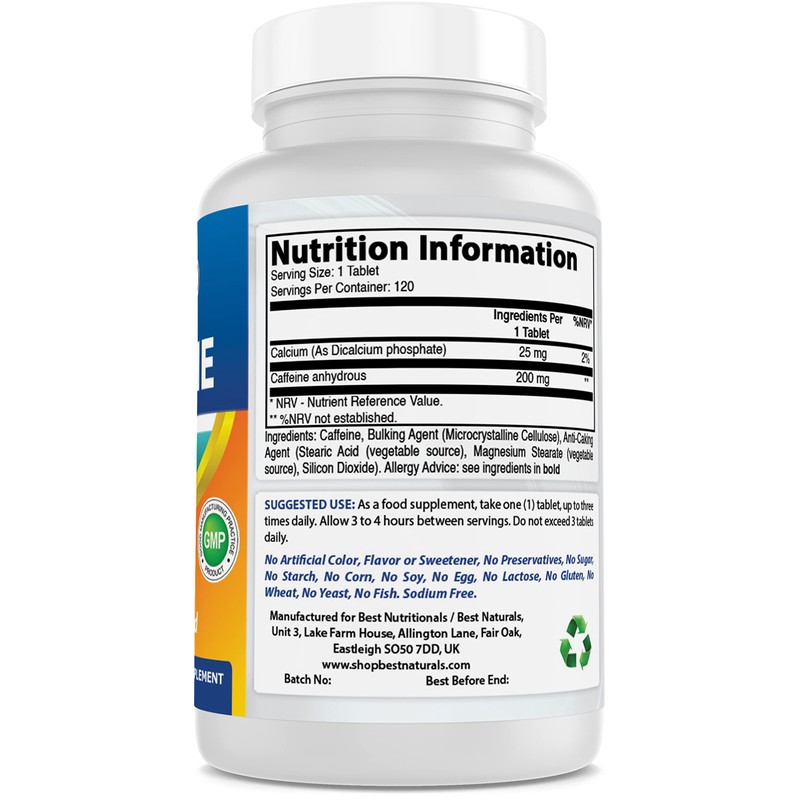 Best Naturals Caffeine Maximum Potency 200mg 120 Tablets (120 Count