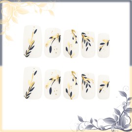 Gold Blue Leaves Medium Short Coffin Press on Nails with Splicing Design, Glossy White Jade Acrylic False Nails Gel Glue on Nails, Leaf Manicure Art Fake Nails Stick on Nails for Women Girls