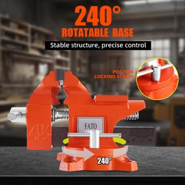 FATO 4.5" Vise Bench Vise 240-Degree Ductile Iron Bench Vise 4.5-inch Jaw Width 4.3-inch Jaw Opening bench Vise for Woodworking, Home Workshop Use and DIY Job, Orange