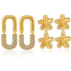 Tomovely 2 Pairs Of Women's Gold Earrings 18K Gold-Plated Flower Perforated Pendant Square Chain Link Pendant Lightweight And Low Sensitivity Huggie Earring Pin Jewelry Set