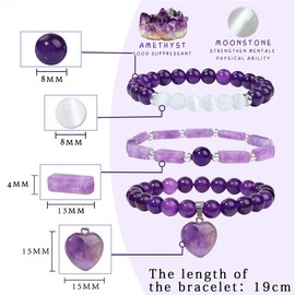 TOFBS Women's Natural Amethyst Bracelet Set Crystal Beads Bracelet with Heart Shape Pendant Stretch Bracelet Jewellery Gift Pack of 3