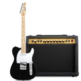 LyxPro 39" Electric Guitar TL Series Full-Size Paulownia Body, 3-Ply Pickguard, 3-Way Switch & Volume/Tone Controls -Black with 40 Watt Amplifier - (Black)