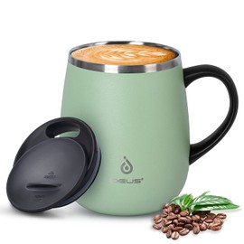 Ideus - Taza de café aislada de 16 onzas con asa y tapa, doble pared de acero inoxidable con aislamiento al aspiradora, taza de café de viaje para el hogar y la oficina, color verde aguacate