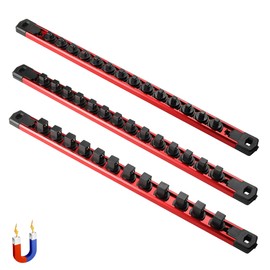 ALOANES 3-Piece Magnetic Socket Organizer, Heavy Duty Aluminum Socket Rails Organizer, 360° Swivel Clips Socket Holder Kit for Tool Box, 1/2, 3/8, 1/4-Inch Socket Holder x 40 Clips (Red)