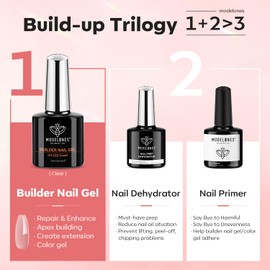 modelones Builder Nail Gel with Nail Dehydrator and Primer, 3Pcs Rose Nude Pink LED Gel Builder Nail Polish Base Coat Acid Free Nail Prep Dehydrate & Bond Primer for Nail Thickening Apex Building 10ml