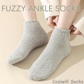 Slipper Socks Women Fuzzy Socks with Grips Men Warm Winter Non Slip Hospital Socks 5-10 Youth Home Cozy Grip Ankle Socks 3 Pairs (A-Black+Light Grey+Dark Grey)