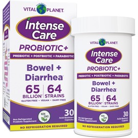 Vital Planet - Intense Care Bowel and Diarrhea Probiotic Supplement with Organic Prebiotics, Postbiotics, and Parabiotics, Lactobacillus Rhamnosus and Saccharomyces, 65 Billion CFU, 64 Strains, 30 Ct