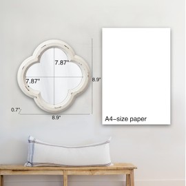 Sintosin Vintage Small Scalloped Wall Mirror Decorative 8.9 inch, Hanging Distressed White Rustic Quatrefoil Wooden Mirrors for Wall Decor Living Room, Farmhouse Clover Shape Floral Mirror