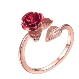 Yienate Dainty Rose Ring Red Flower Rose Finger Band Rose Gold Open Rings for Women Girls