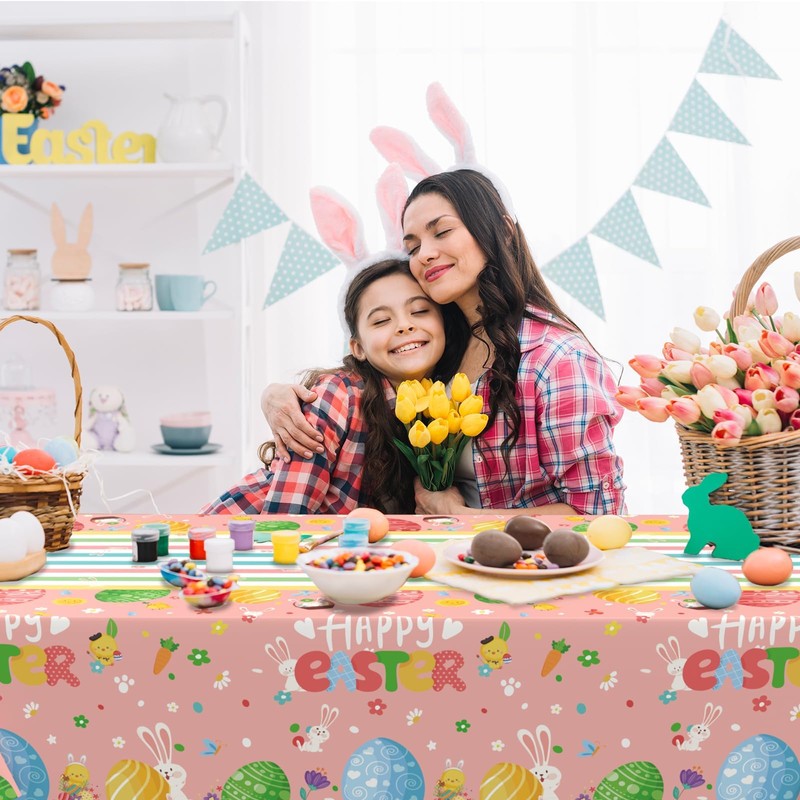Xinvery 2PCS Happy Easter Tablecloth,Pink Easter Party Tablecloth Bunny Egg