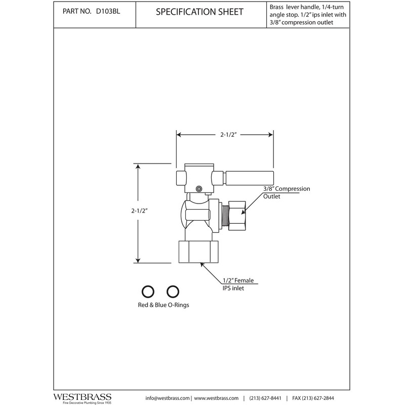 Westbrass D103BL-62 1/4-Turn Lever Handle Angle Stop Shut Off Valve,