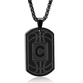 Fervia Basketball Initial Necklace for Men Dog Tag Stainless Steel Black Letter Pendant Sport Basketball Athletes Jewelry Gifts Easter Graduation Gifts for Men Boys kids Boyfriend(C)