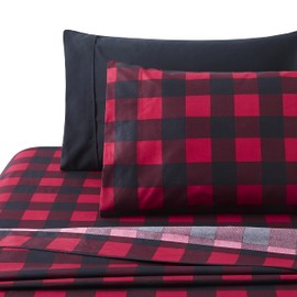 Marina Decoration Ultra Soft Silky Deep Pocket Rich Printed Bedding Rayon Derived from Bamboo All Season 6 Pieces Sheet Set with 4 Pillowcases, Red Black Plaid Pattern Queen Size