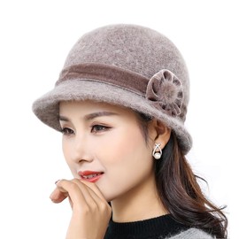IBLUELOVER Women Felt Bowler Hat Roll-up Church Cloche Hat Floral Fedora Cap Khaki