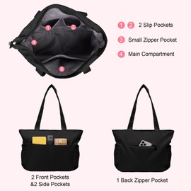 MAYMOONER Black Tote Bag with Zipper Women Nylon Lightweight Large Multi-pocket Tote Bags for School Uni College Work Travel