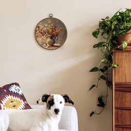 TLESKE Vintage Fall Botanical Round Wall Art Decor Framed 10x10, Rustic Farmhouse Floral Flower Canvas Wall Art Prints Artwork, Autumn Wall Hanging Room Door Decor for Bedroom Bathroom Kitchen