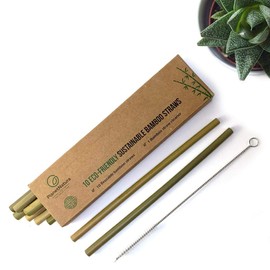 10 Bamboo Drinking Straws by PlanetNatura | Bamboo Straws Reusable | Natural Sustainable Straws | Eco Friendly Biodegradable Organic Plastic Free Zero Waste | Cocktail Straws and Cleaning Brush