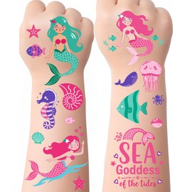 Tatuajes temporales de sirenas para niños: 106 diseños adorables de sirenas y océanos, resistentes al agua, no tóxicos y respetuosos con la piel, fáciles de aplicar, perfectos para el mundo s