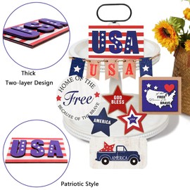 4th of July Tiered Tray Decor, 12 Pcs Patriotic Wooden Signs Tiered Tray Decorations, 4th of July Red White Blue Tiered Tray Decor for Memorial Day Labor Independence Farmhouse Rustic Decor for Home