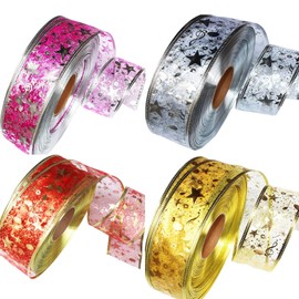 Beauty PLAYER Christmas Ribbon, Gold Ornament, 4 Rolls, Width 2.0 inches (5 cm) x 6.6 ft (2 m), Christmas Tree, Decoration, Gift Wrapping Ribbon, Gift Wrapping Supplies, Parties, Weddings, Packaging, Birthday Diy, Decoration, Ornaments