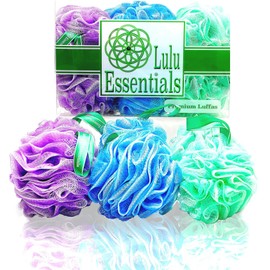 Lulu Essentials Premium Quality Loofah Body Scrubber ~ 6 Pack, Large 60 grams/pcs Cleansing Bath and Shower Loofah Pouf ~ Best Mesh Exfoliating Scrubbing Puff Sponge ~ Multi-Colour
