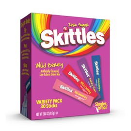 Skittles Singles To Go Wild Berry Variety Pack, Watertok Powdered Drink Mix, Zero Sugar, Low Calorie, Includes 4 Wild Berry Flavors, 1 Box (30 Single Servings)