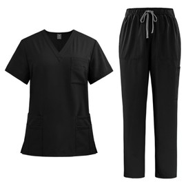 POUKEPRITY Medical Scrubs, Lab Coat, Nursing Set, Unisex, Includes Pockets, Quick Drying, Extremely Breathable and Comfortable, Nurse Uniform/Beauty Wear, Black, S