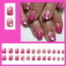 24Pcs Valentines Press on Nails Short Square Fake Nails Glitter French Tip Glue on Nails White Pink Heart Acrylic Nails Gradient Stick on Nails for Women Valentines False Nails Artificial Nails