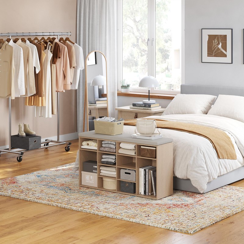 DINZI LVJ Shoe Storage Bench with Cushion, 16-Cubby Shoe Rack,