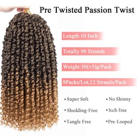 Leeven 8 Packs 10 Inch Pre Twisted Passion Twist Crochet Hair for Women Bob Water Wave Crochet Braids Hair Pre looped Curly Synthetic Bohemian Braiding Hair Extensions 12 Strands/Pack T27#