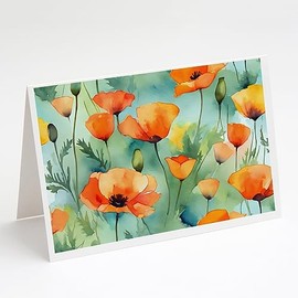 California California Poppies in Watercolor Greeting Cards and Envelopes Pack of 8